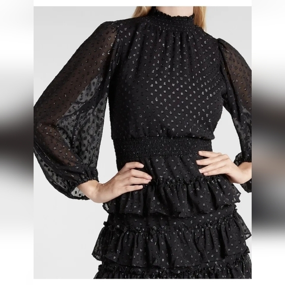 EXPRESS Metallic Dot Smocked Mock Neck Tiered Ruffle Dress Black Sz XXSmall NWT - Picture 3 of 10